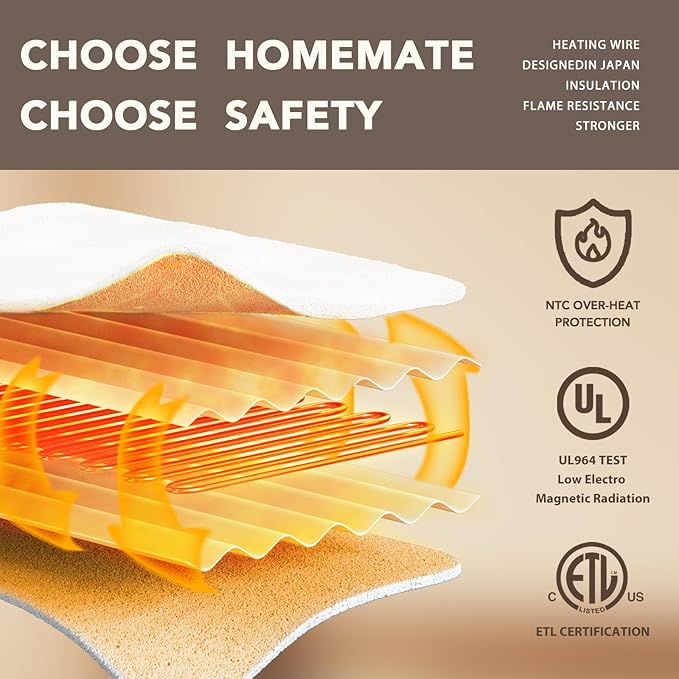 Homemate Electric Heated Blanket Queen Size - 84"x90" Heating Blanket Queen Size Dual Control 1/2/4/6/8 Hours Auto-Off 10 Heat Level Over-Heat Protection Flannel Sherpa ETL Certification