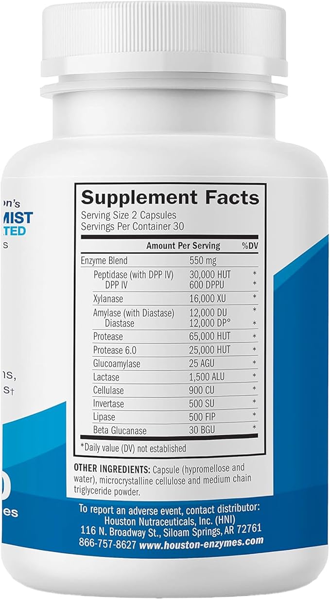 Houston Enzymes TriEnza - Digestive Enzyme Supplement for Gluten, Casein, Soy, Proteins, Carbohydrates, Fats & Polyphenols - Digestive Enzymes for Women & Men (60 Capsules)