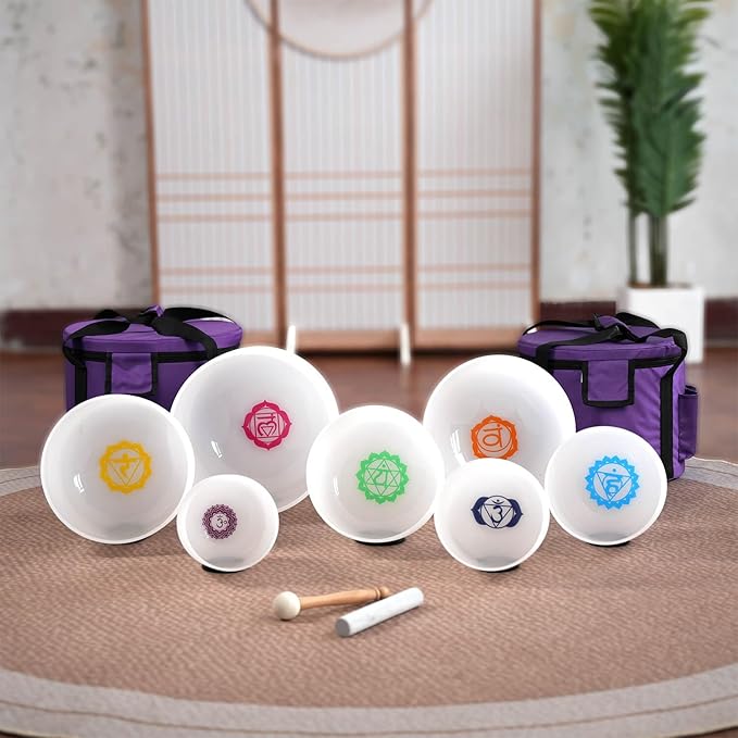 6-12inch Chakra Symbol Design 432hz Quartz Crystal Singing Bowls Set of 7, for Healing Mindfulness Meditation Yoga Sound Baths with Case Mallet Suede Striker