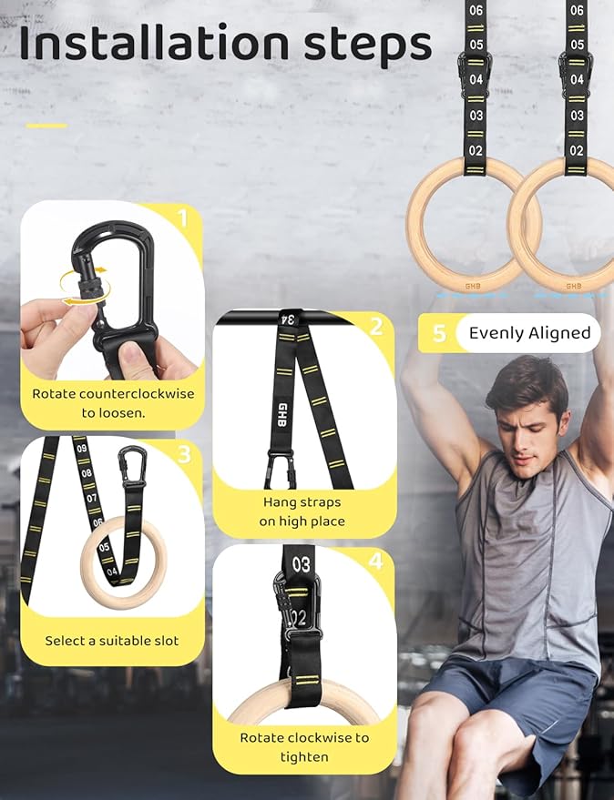 GHB Gymnastic Rings Wooden Gym Rings 1.25" Olympic Rings Adjustable Straps Pull Up Rings Sets for Workout Bodyweight Fitness Training
