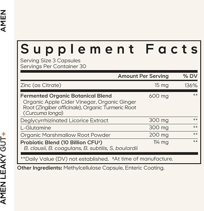 Amen Leaky Gut Supplement - Advanced Formula with Bioavailable L Glutamine, Zinc, Turmeric, DGL Licorice Root - Marshmallow Root - Probiotics & Fermented Prebiotics - Vegan, Non-GMO - 90 Capsules