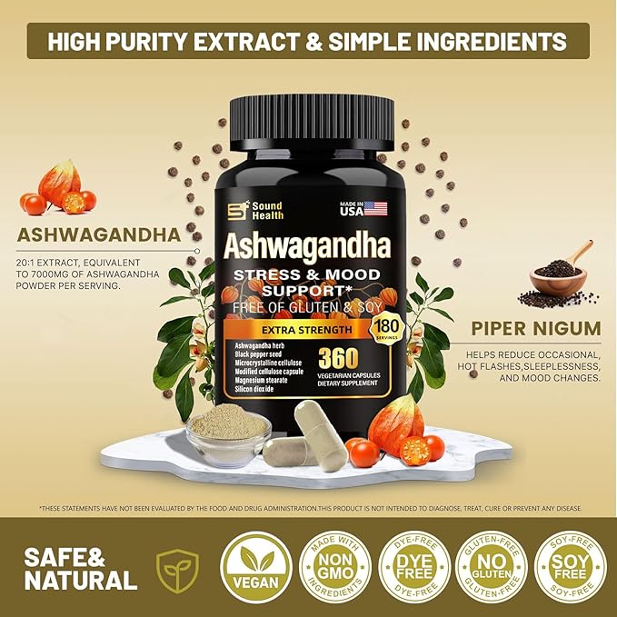 SoundHealth Organic Ashwagandha Capsules Supplement - 7000mg Herb Powder Equivalent per Serving - Immune Support, Hormone Balance - Enhanced Nutrient Absorption - 360 Capsules (180 Servings)
