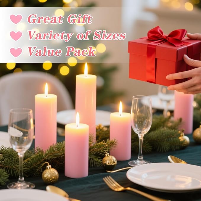 18 Pcs Pink Pillar Candles Bulk Set,Hurricane Candles,3 Different Lengths (6 Each),Dripless Unscented Smokeless,Gives You a Better Atmosphere When Organizing Wedding or Event Party.