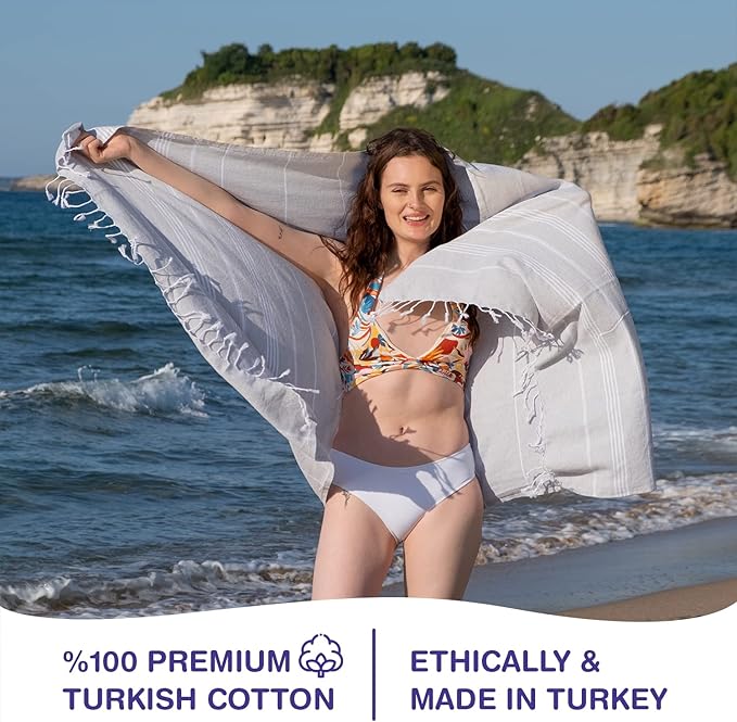 Turkish Beach Towels, Pack of 4 | Oversized, Quick Dry, Sand Free | 100% Cotton, Large 38x71 Towels for Beach, Pool, Travel | Ultra-Soft, Compact, and Absorbent | Light Gray