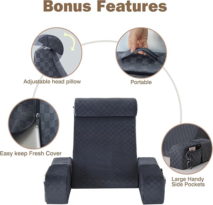 Vekkia Large Reading Pillow with Adjustable Arms & Headrest – Wide Backrest Cushion for Adults with Extra-Large Pockets for Reading, TV, Gaming & Work, Recovery on Bed & Floor, 21"(Grace Grey)