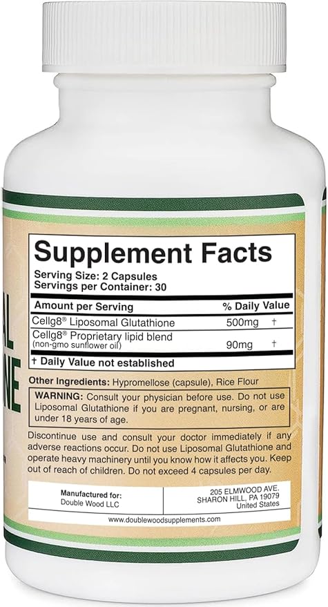 Liposomal Glutathione Supplement 500mg per Serving, 60 Capsules (Vegan Safe, Non-GMO) Max Absorption Liposomal Glutathione with Genuine Smell and Taste by Double Wood
