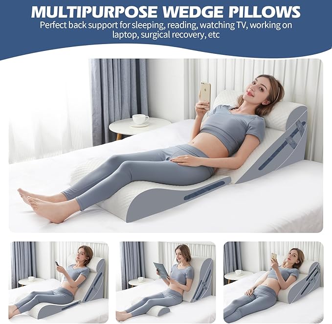 4PCS Orthopedic Bed Wedge Pillow Set with Full Memory Foam Waist Pillow, Wedge Pillow for Back Pain Relief, Adjustable Bed Wedge Pillow for Sleeping, Post Surgery, Leg Elevation, Acid Reflux & GERD