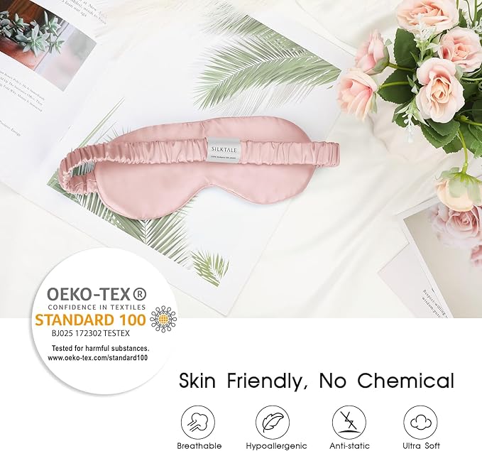 Silk Eye Mask for Sleep for Women/Men/Adults Blackout 100% Mulberry Silk Sleeping Mask for Travel/Plane/Side Sleeper with Elastic Strap,Pink