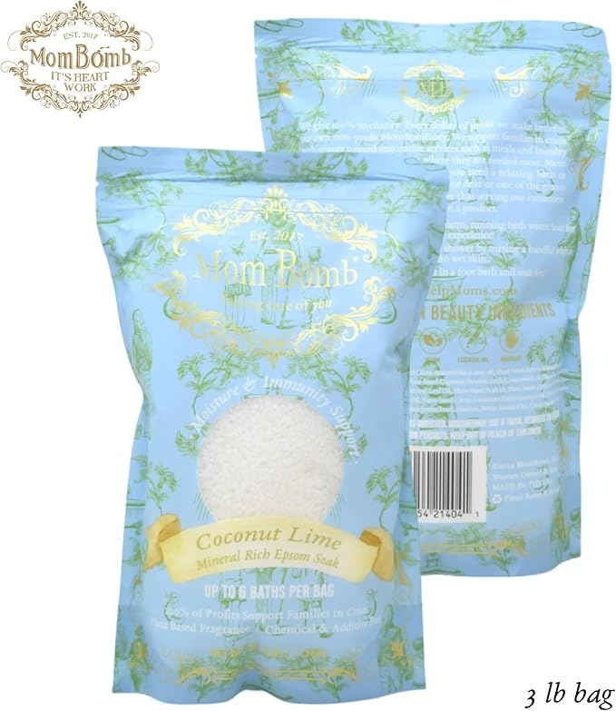 Mom Bomb Coconut Lime Epsom Salt Bath Soak – Natural Magnesium Salt with Essential Oils – Relaxing Aromatherapy for Stress Relief, Muscle & Foot Soak – Made in USA, 48 Ounce