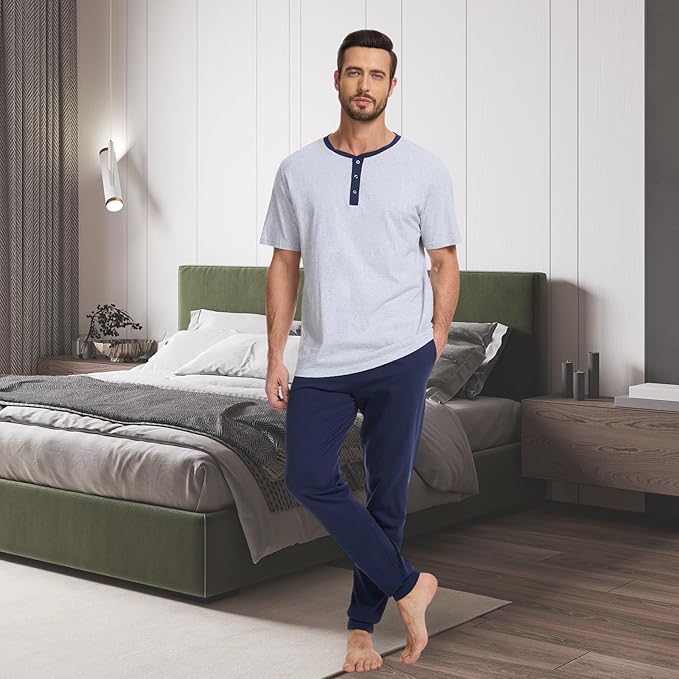 Men's Pajama Set with Henley Neckline 100% Cotton Soft and Comfortable Nightwear 2-Piece Lounge Set