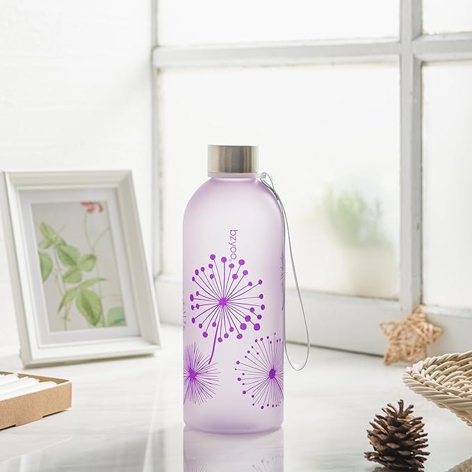 bzyoo 32oz 1 Liter Clear Water Bottle with Time Marker, Dandelion Design, Durable Plastic, BPA-Free, Reusable with Measurement Markings for Fitness and Outdoor Activities (Color: Purple)