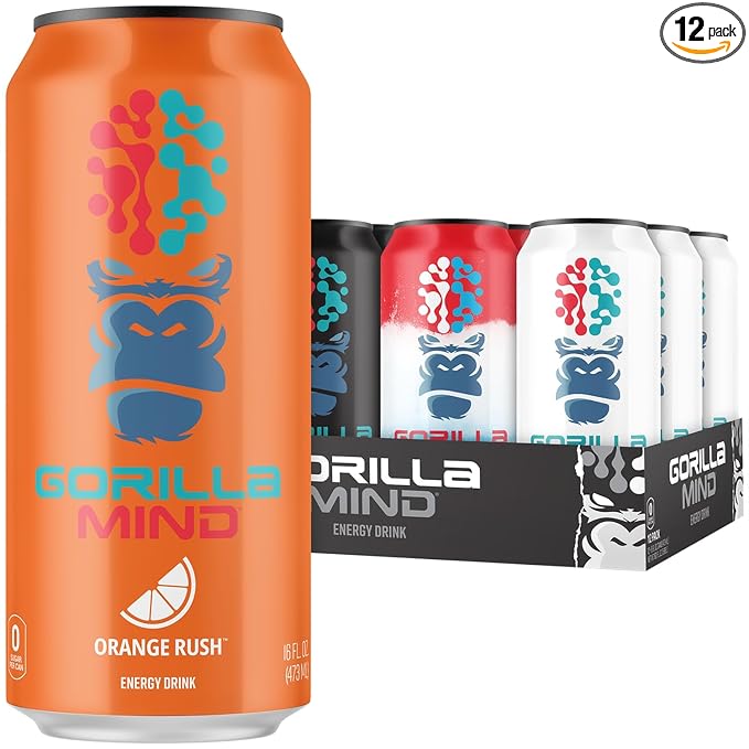 Gorilla Mind Energy Drink | Unmatched Energy · Amplified Focus | N-Acetyl-L-Tyrosine, Alpha-GPC, 200mg Caffeine, Uridine, Saffron | 0 Sugar Or Artificial Colors | 16oz | 12-Pack (Variety Pack #2)