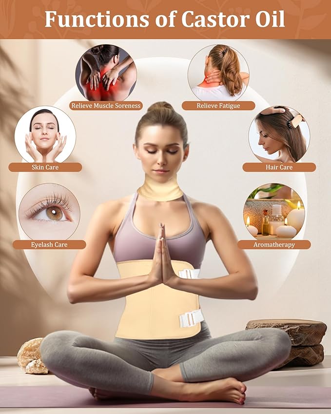 Castor Oil Pack Wrap & Organic Castor Oil (8fl.oz/237ml), Caster Oil Wrap with Roller Ball, Reusable Caster Oil Packs for Neck, Stomach and Entire Body