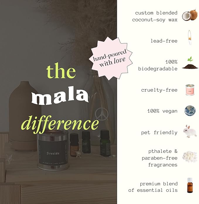 Mala Fireside - Black Amber, Musk and Lavender Candle - Vegan Soy Hand Poured Aromatherapy Candle with 45 Hour Burn - Classic 6.8 oz Size
