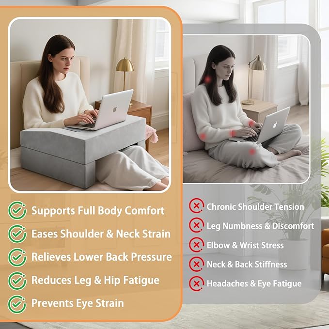 Extra Large Memory Foam Reading & Gaming Pillow with Adjustable Arm Rest, Lap Desk Pillow for Adults – Ergonomic Support for Working, Gaming, Reading in Bed, Couch, Floor