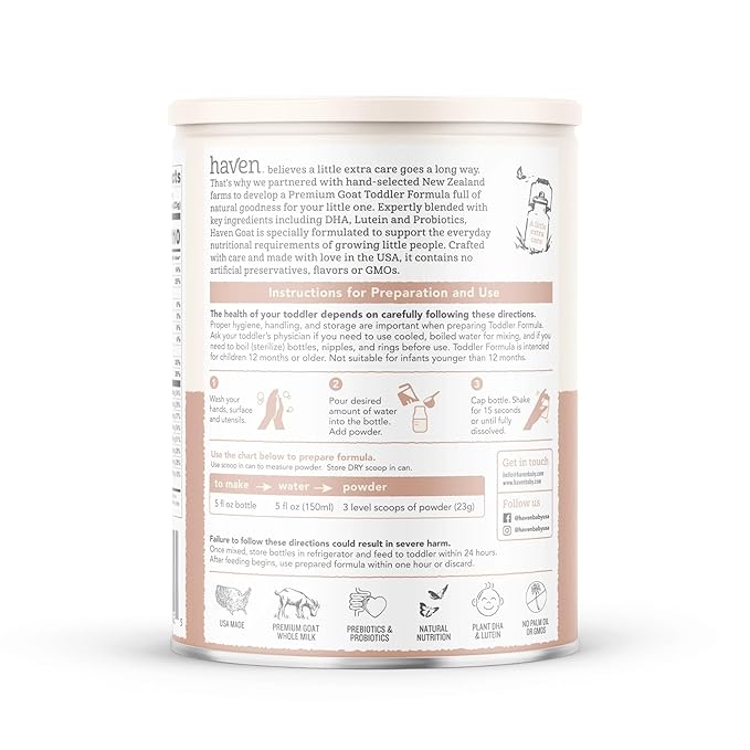 Haven Goat Toddler Formula, Grass Fed Whole Goat Milk Powder for Toddlers With Probiotics, Prebiotics, Lutein and Omega 3 Dha, Easy Digestion Formula, Non GMO, American Made, 14.1 Oz