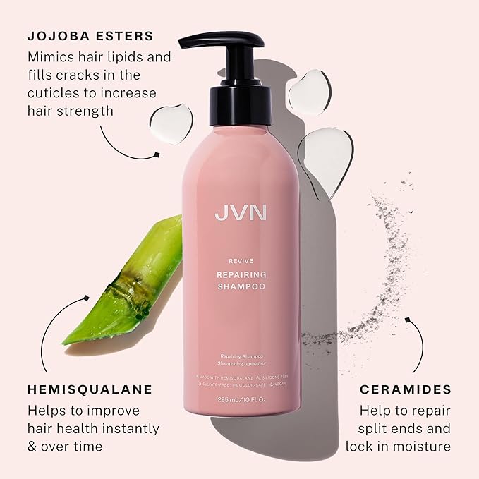 JVN Revive Repairing Shampoo, Instantly Strengthening and Deeply Nourishing Shampoo for Damaged Hair, Dry Hair Shampoo, Sulfate-Free, Silicone-Free, (10 Fl Oz)