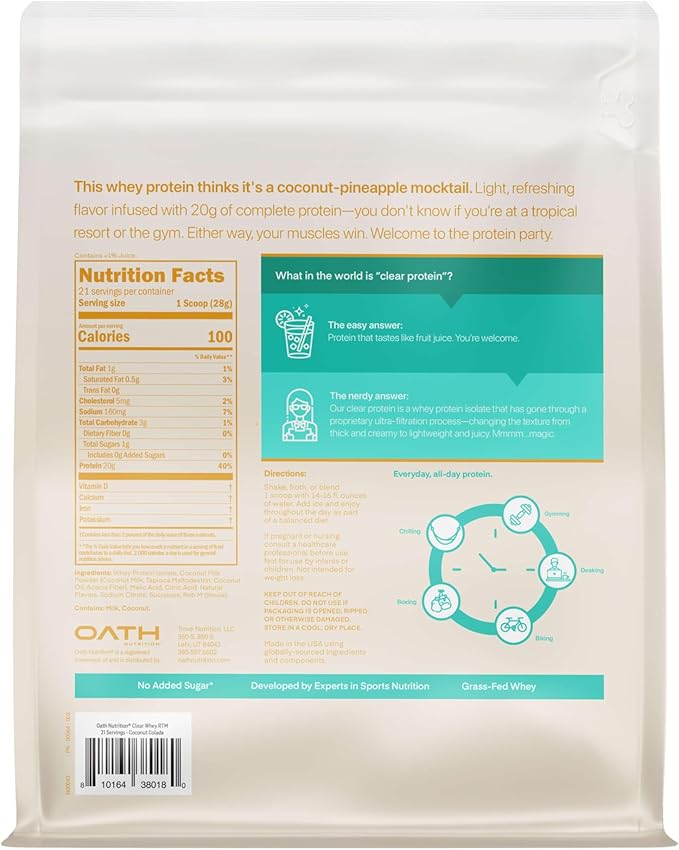 Clear Whey Isolate Protein Powder, Coconut Colada, 20g Complete Protein per Serving, No Added Sugar, Grass-Fed, 21 Servings