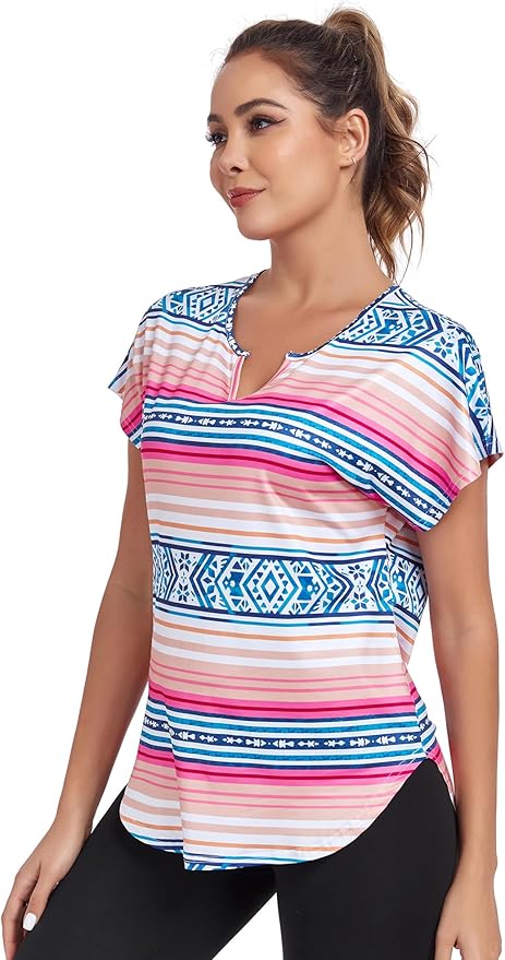 Women's Short Sleeve Workout Shirts V Neck Exercise Yoga Basic Top Quick Dry Side Split