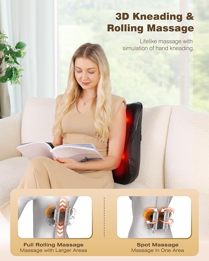 KINGJOY Back Massager for Pain Relief Deep Tissue, Full Back Rolling Massager with Heat 3D Shiatsu Kneading Electric Massage Pillow for Back, Neck, Shoulder, Spot Massage, Gifts for Mom Dad Women Men