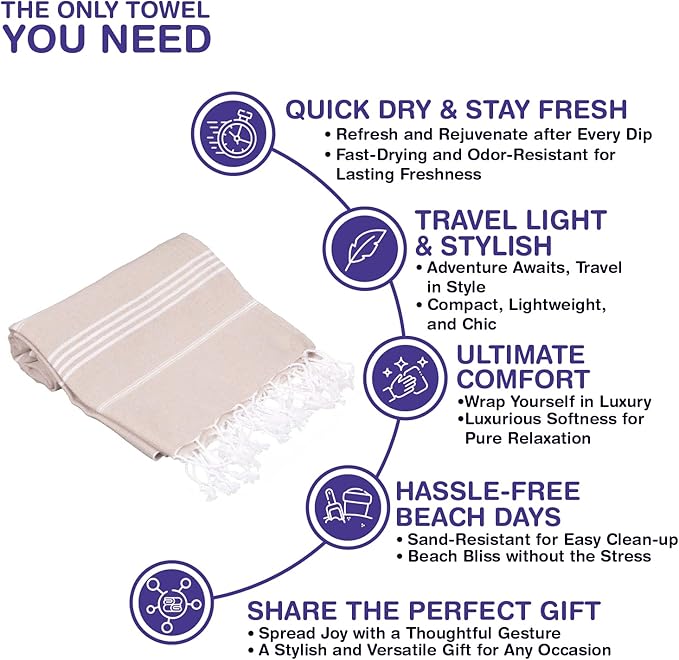 Turkish Beach Towels, Pack of 4 | Oversized, Quick Dry, Sand Free | 100% Cotton, Large 38x71 Towels for Beach, Pool, Travel | Ultra-Soft, Compact, and Absorbent | Beige