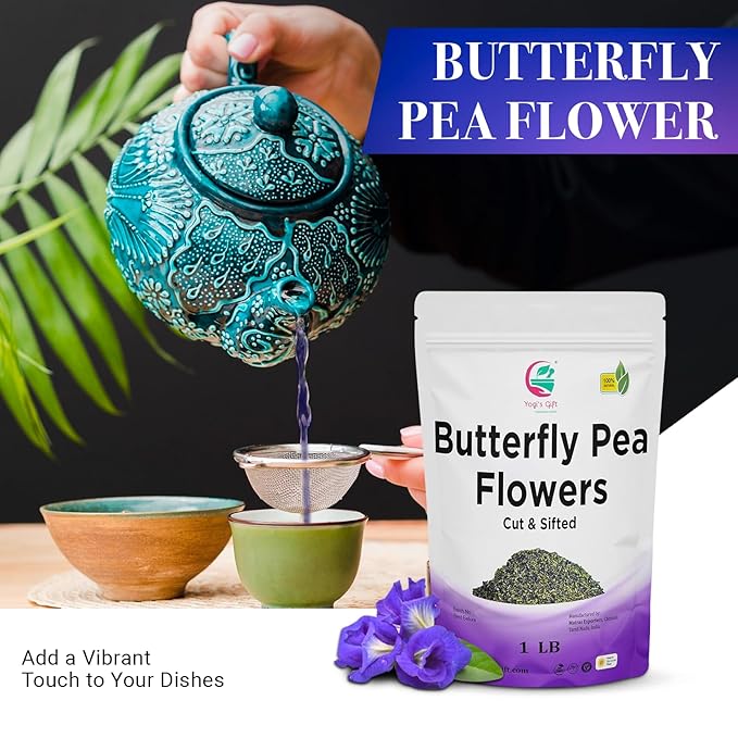 Butterfly Pea Flower Tea 1 LB (1000+ Cups) | Cut and Sifted | Makes Beautiful Blue Or Purple Food Coloring | Blue tea Butterfly Pea Flower | Non-Gmo, Ethically Sourced | By Yogi's Giftยฎ
