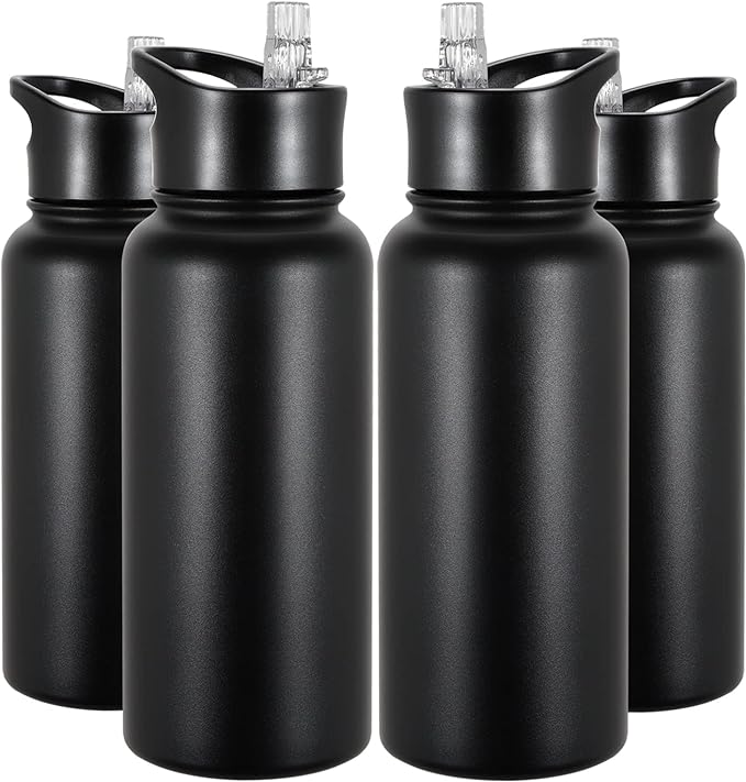 32 oz Insulated Water Bottle Bulk 4 Pack, Stainless Steel Sports Water Bottles with Straw Lid & Wide Mouth Lids, Double Walled Vacuum, Leak Proof, Black