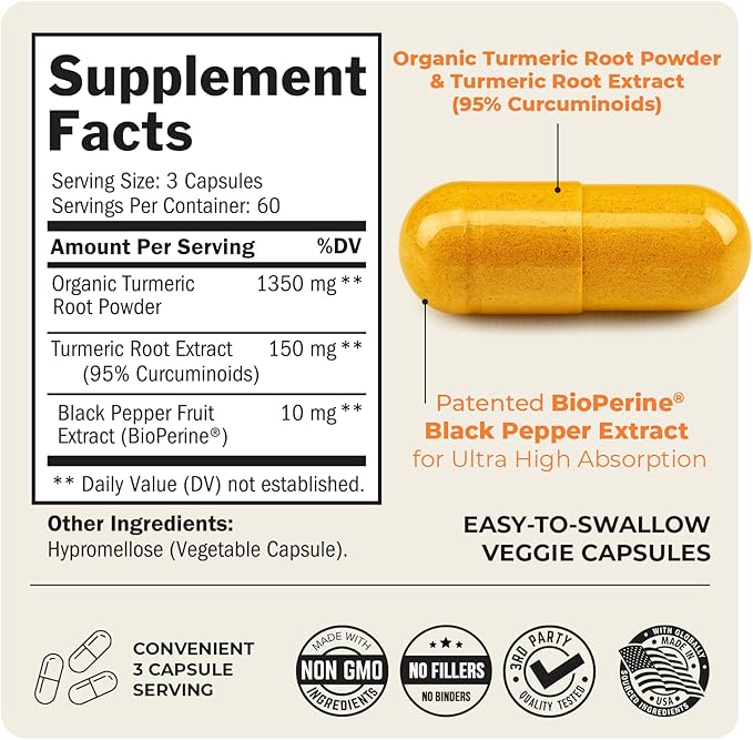 Turmeric Curcumin with Black Pepper Extract 1500mg - High Absorption Ultra Potent Turmeric Supplement with 95% Curcuminoids and BioPerine - Non GMO Tumeric Capsules for Joint Support - 180 Capsules