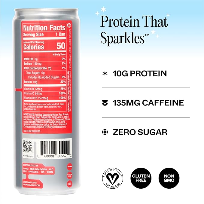 VUUM Sparkling Clear Protein Drink - 10g Plant Protein, Natural Pre Workout Energy Drink, Plant Based, Natural Caffeine, Sugar-Free Protein Drink - Strawberry Dragon Fruit, 12 Fl Oz (12 Pack)