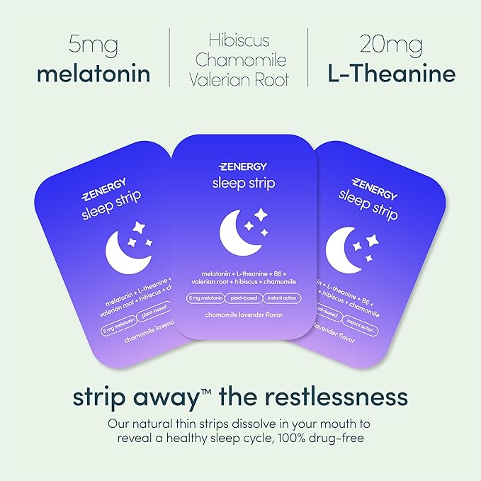 ZENERGY Sleep Oral Strips - Chamomile Lavender Flavor | 5mg Melatonin + 20mg L-Theanine + 100% Vitamin B6 + Botanicals | 0 Sugar, 0 Calories, 0 Gluten, Vegan, Instant Action | 1 Tin = 30 Strips