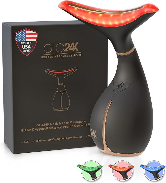 GLO24K Red Light for Face & Neck Beauty Device - 3 in 1 Facial Massager Tool and Neck Care Device for Turkey Neck, Anti Wrinkle, Face and Neck Massager for Women