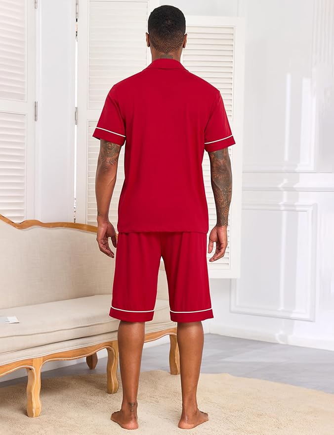 COLORFULLEAF Men's 100% Cotton Short Sleeve Pajama Sets Button Down Notched Collar Sleepwear Soft Lounge Pjs with Pockets