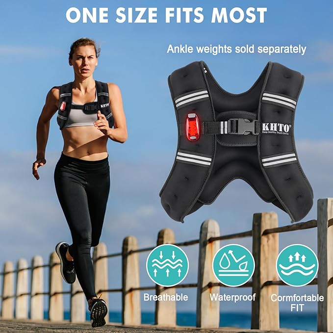 KHTO Weighted Vest Woman Men-5lbs/10lbs/15lbs/20lbs/25lbs/30lbs Weight Vest with Warning Light Reflective Strip for Workout, Strength Training, Running