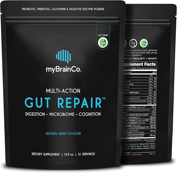 myBrainCo. Gut Repair β Gut Health & Digestion Support Powder for IBS, Bloating, Reflux & Leaky Gut β Low FODMAP Certified with Probiotics, Prebiotics, Enzymes & Glutamine β 310g