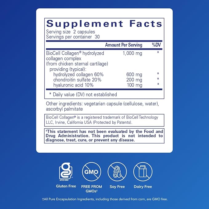 Pure Encapsulations Collagen JS - Skin & Joint Health* - 1,000 mg Hydrolyzed Biocell Collagen - Gluten Free & Non-GMO - 60 Capsules