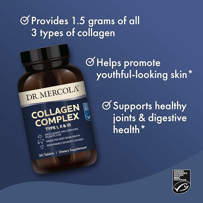 Dr. Mercola Collagen Complex - Supports Skin & Connective Tissue - Types I, II & III Collagen - Non-GMO, Gluten-Free & Soy-Free - 90 Tablets (30 Servings)