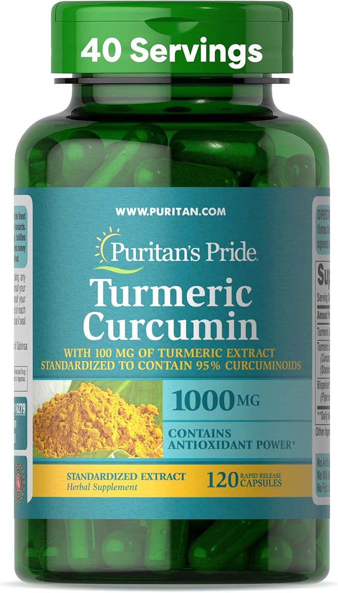 Puritan's Pride Turmeric Curcumin 1000mg, Standarized to 95% Cucuminoids, Herbal Dietary Supplement for Antioxidant Health, 120 Rapid Release Capsules