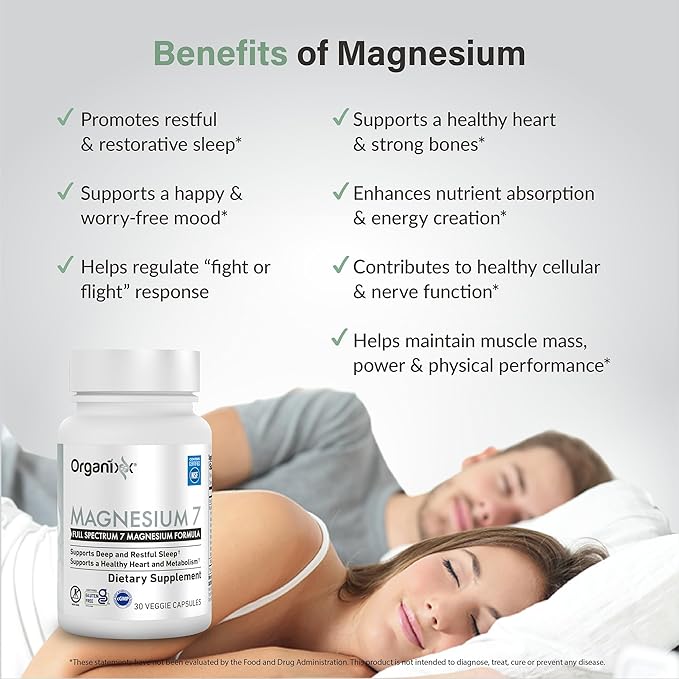 Organixx Magnesium Supplement, Natural Magnesium Capsules for Sleep Support, Muscle Recovery, with Vitamin B6 and Manganese Citrate and Glycinate, High Absorption, Vegan, Non GMO (30 Count)