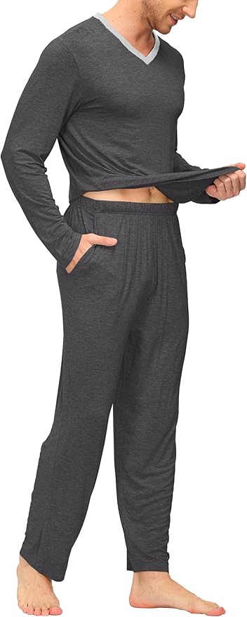 JINSHI Men's Pajama Sets Sleepwear Nightwear Lightweight Quick Dry Soft 2 Piece Long Sleeve Mens Loungewear Sets with Pocket