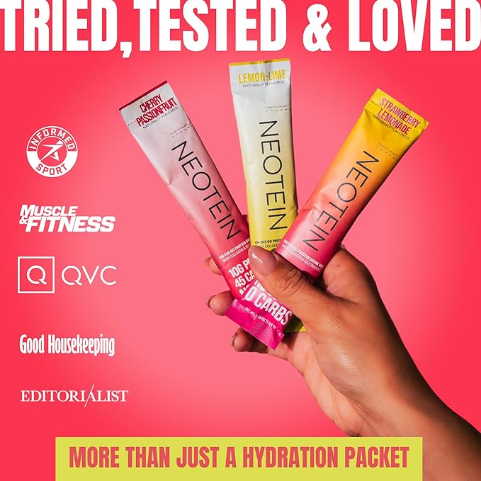 NEOTEIN: Electrolyte Powder Packets, Protein Powder with 10g Protein & Collagen | Hydration Packets - Zero Sugar, NO Fillers, NO Carbs | Cherry Passionfruit | 45 Calories | Keto & Paleo | Pack of 15