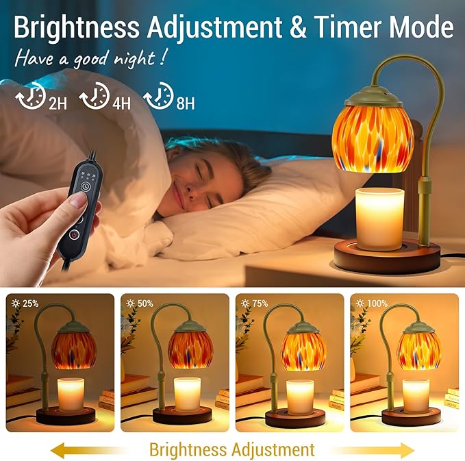 Candle Warmer Lamp with Timer, Dimmable Wax Warmer Lamp with 2 Light Bulbs, Height Adjustable Stained Glass Lamp Candle Warmer for Jar Candles, Home Room Decor, Gifts for Women Mom
