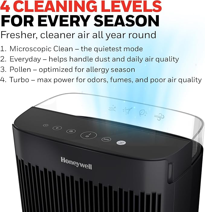 Honeywell Allergen Plus HEPA Air Purifier for Home, Large Rooms up to 900 Ft², Turbo Clean, HEPA Filter Reduces Allergens, Dust, Pollen, Pet Dander, All Smoke Types, Odors, Black, HPA5100B
