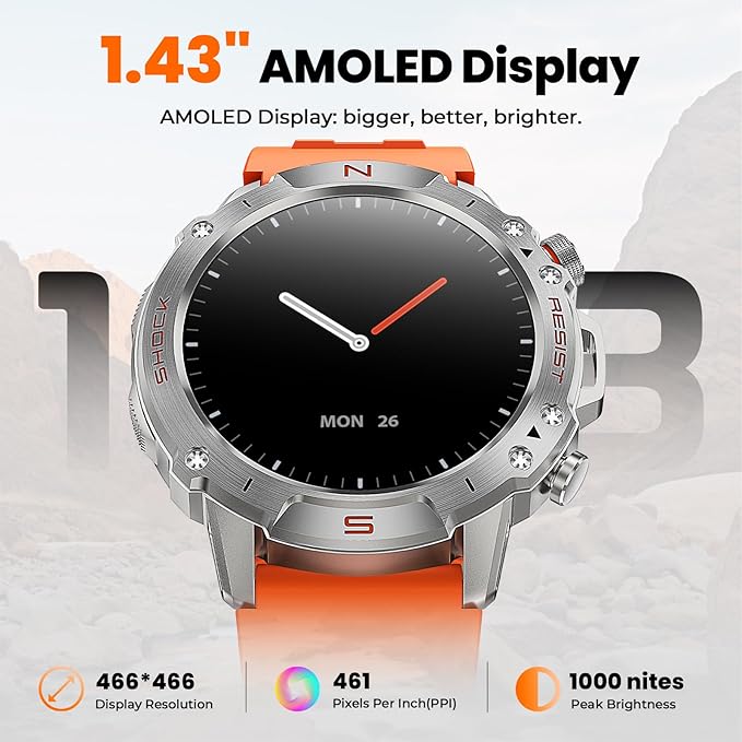 WalkerFit Smart Watch for Men, 1.43" Round AMOLED, 5ATM Waterproof, Heart Rate & Sleep Monitor,Long Battery,Outdoor Activity Tracker,Voice Control&Bluetooth Call,Compatible with iPhone Android, Orange