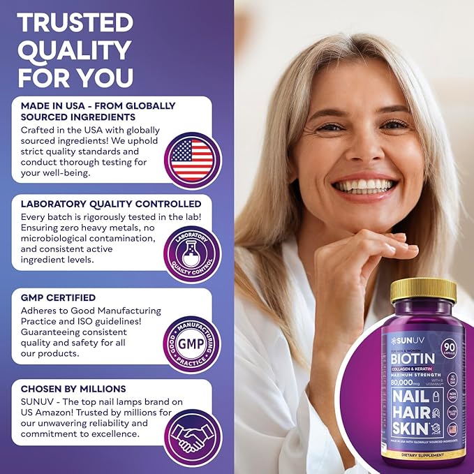 SUNUV Biotin 10000mcg with Collagen & Keratin - 80000mcg Hair Growth Vitamins for Women & Men,Skin & Nails Support - Hyaluronic Acid & Vitamins B1,B2,B3,B5,B6,B9,B12 -Made in USA-90 Capsules