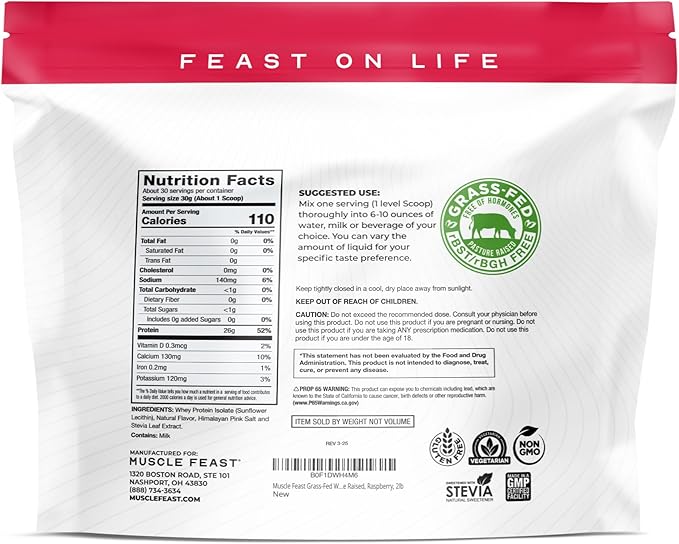 Muscle Feast Grass-Fed Whey Protein Isolate, All Natural Hormone Free Pasture Raised, Whey Isolate Protein Powder for Men and Women, Clean, Gluten-Free, Delicious Isolate Protein - Rasberry, 2lb