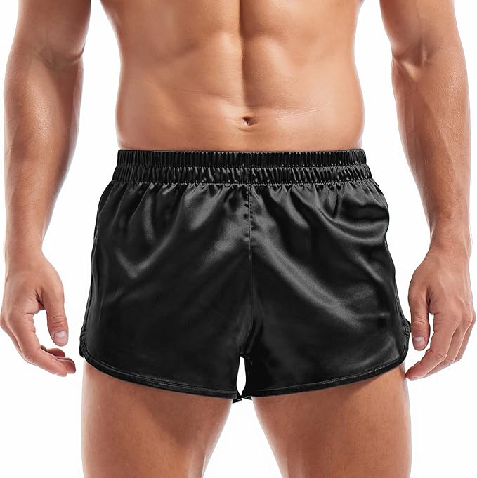 AMY COULEE Mens Satin Shorts Silk Boxers Sexy Split Side Lounge Shorts 3 Inch Pajama bottoms