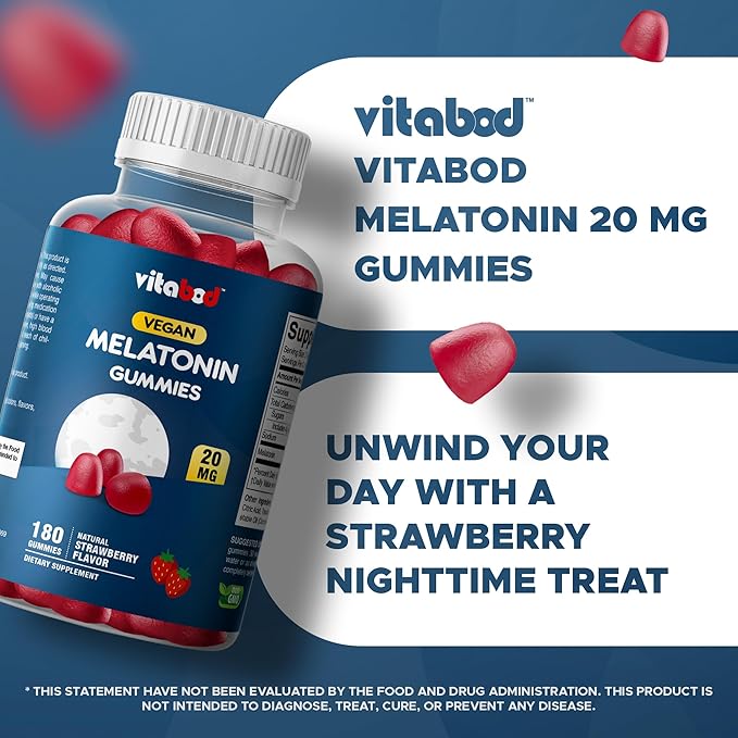 Melatonin 20mg Gummies - 180 Count - Drug Free - Natural Strawberry Flavor - Vegetarian, Non-GMO, Gluten Free (3 Bottles)