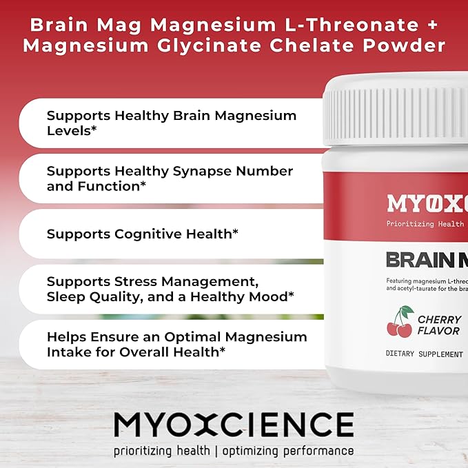 Brain Mag Magtein Magnesium L-threonate | Supports Brain Health w/Magnesium Glycinate 60 Servings (Cherry)