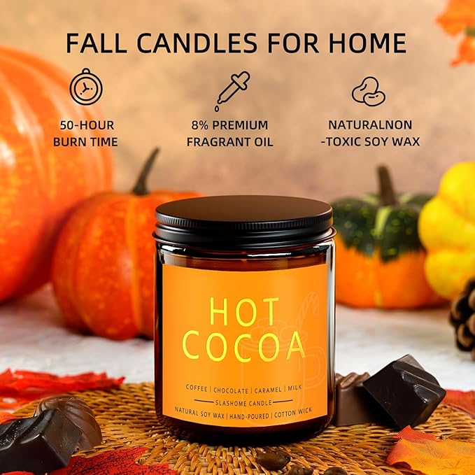 Fall Scented Candles Hot Cocoa 7oz – Rich Chocolate & Creamy Marshmallow Soy Wax Candle for Cozy Autumn Home Décor, Perfect Fall Gift for Chocolate Lovers, 50 Hour Long Burn