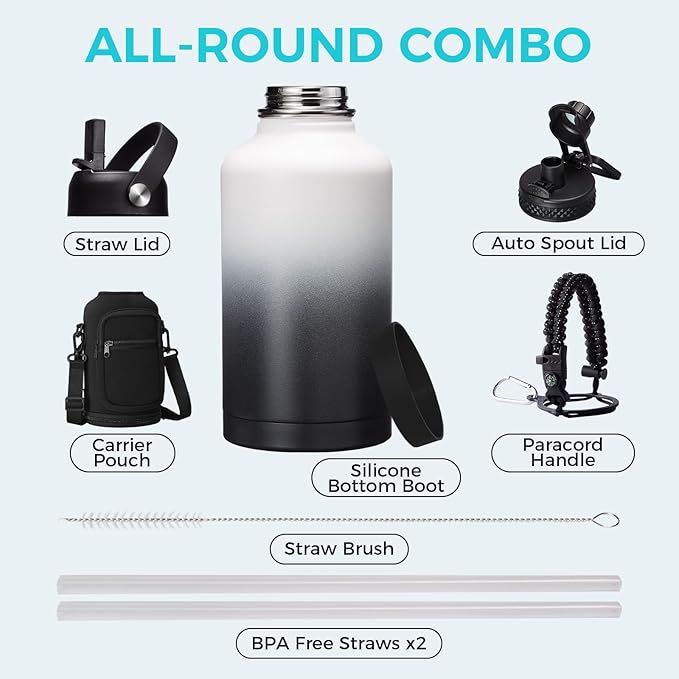 Half Gallon Water-Bottle with straw - 64oz Vacuum Insulated Water Bottles with Paracord Handle, Straw Spout Lids, Water Bottle Carrier Holder, Protective Cup Mat, 2 Liter Stainless Steel Water Jug